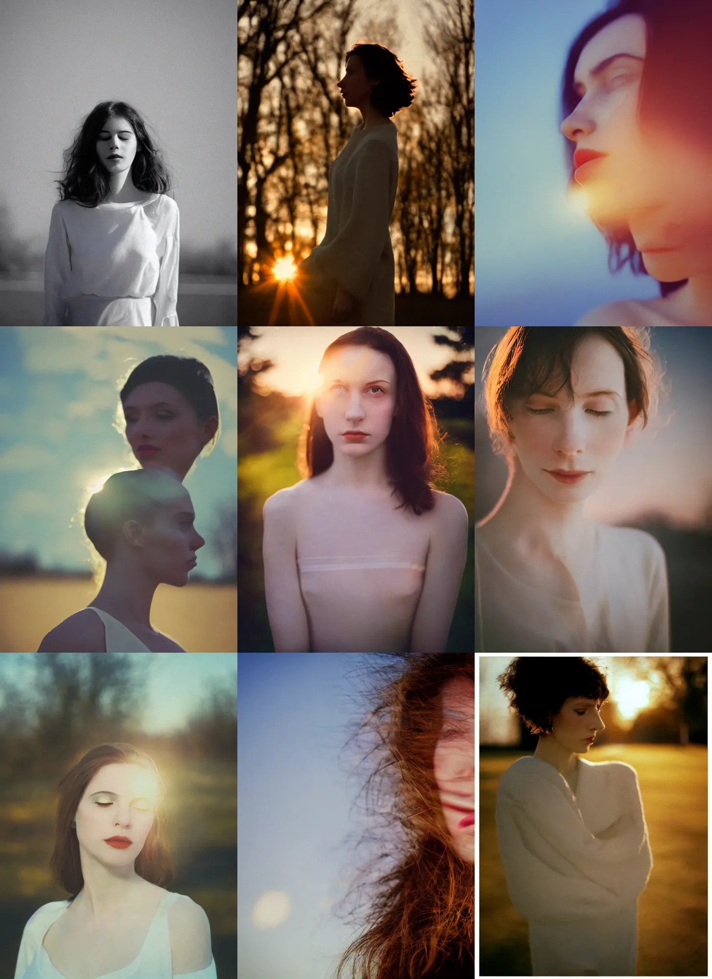 Prompt: bright sunset, overexposed, out of focus photorealistic portrait of a beautiful aesthetic pale woman by saul leiter, backlit, against a bright white sky, very blurry, translucent white skin, closed eyes, bokeh