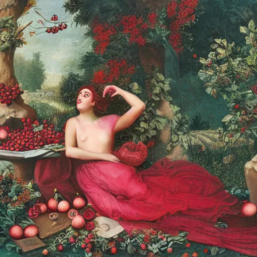 Image similar to Persephone surrounded by pomegranates