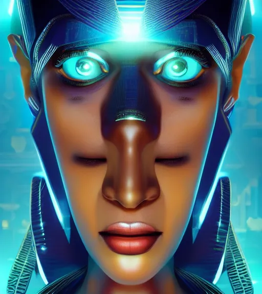 Image similar to symmetry!! egyptian queen of technology, solid cube of light, hard edges, product render retro - futuristic poster scifi, lasers and neon circuits, beautiful brown skin woman egyptian queen, intricate, elegant, highly detailed, digital painting, artstation, concept art, smooth, sharp focus, illustration, dreamlike, art by artgerm