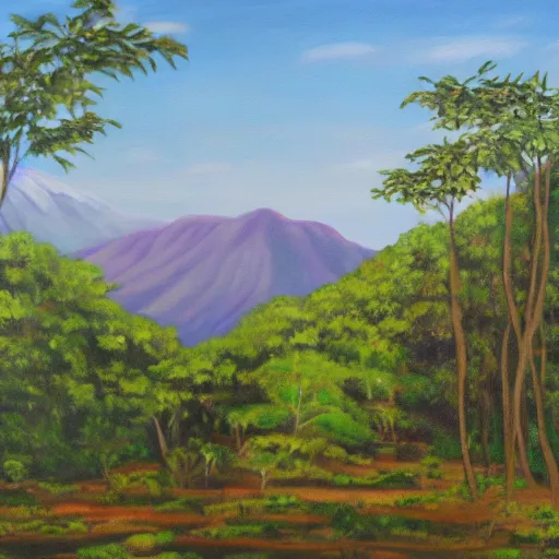 Prompt: a nicaraguan forest in spring, mountains in the background, oil in canvas