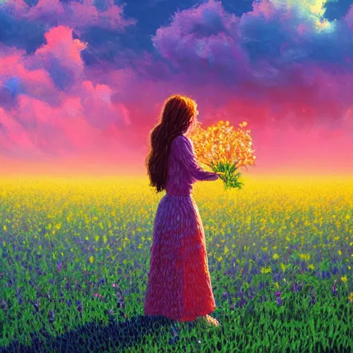 Image similar to girl with made of flower, standing in a flower field, big trees, sunrise dramatic light, impressionist painting, colorful clouds, digital painting, pointillism, artstation, simon stalenhag