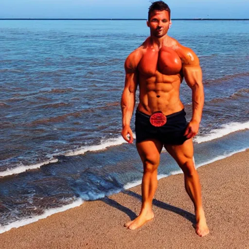 Image similar to muscular man in pizza styled outfit, beach background