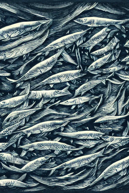 Image similar to a beautiful wood engraving on paper of a school of mackerel, 8 k, frostbite 3 engine, cryengine, dof, trending on artstation, digital art, crepuscular ray