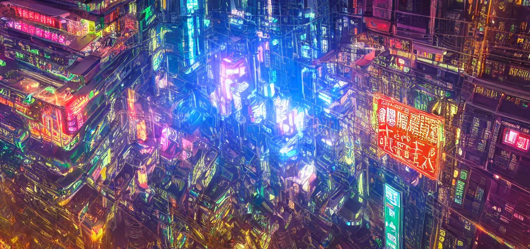 Prompt: chinese cyberpunk palace, cyberpunk, futuristic, ultra wide angle, photograph, sharp focus, intricate detail, drone shot, neon streetlights, holographic advertising board hanging everywhere, high resolution, 8 k