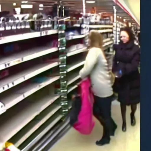Image similar to woman caught shoplifting, cctv footage screenshot,