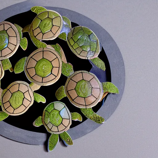 Prompt: a stack of turtles beneath a round disc map, turtle s