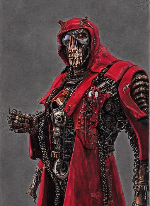 Image similar to portrait of rotten Nicolas Cage as adeptus mechanicus in red hood and robe from Warhammer 40000. Highly detailed, artstation, illustration by and John Blanche and zdislav beksinski and wayne barlowe