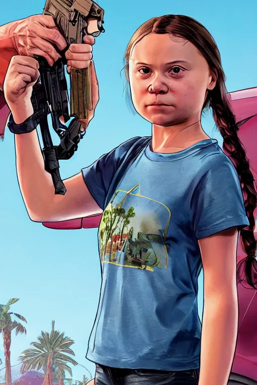 Prompt: greta thunberg in gta v, cover art by stephen bliss, artstation