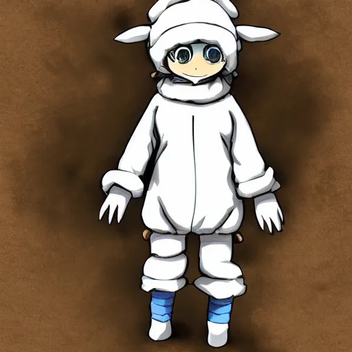 Image similar to little boy wearing sheep suit. white, gray, blue, green and brown pallet color. made in abyss art style, inspired in chris from deltarrune, cute detailed artwork