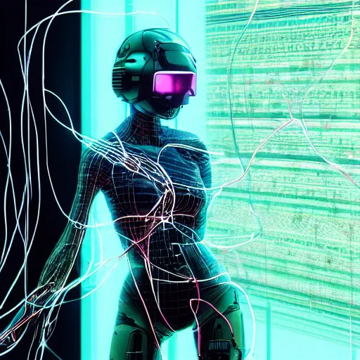 Prompt: A beautiful woman wearing a cybernetic helmet with many wires plugged into is and in her body by Moebius and Beeple