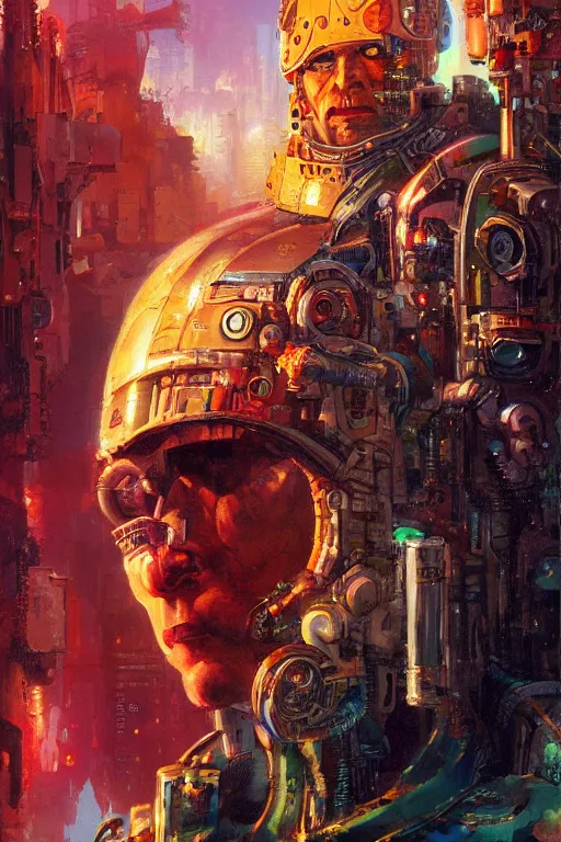 Image similar to a cyberpunk half length portrait of cyborg roman emperor, by paul lehr, jesper ejsing