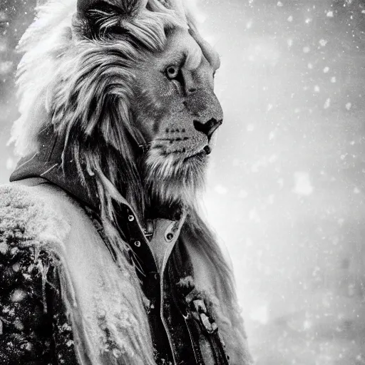 Image similar to an award winning National Geographic picture of a white lion wearing a denim Jacket in the snow by Lee Jeffries, 85mm ND 5, perfect lighting in a snow storm