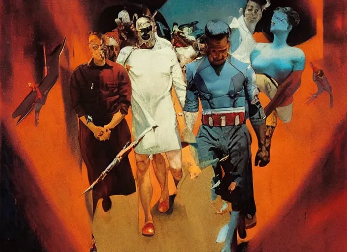 Image similar to a still from the movie avengers : endgame by of francis bacon and norman rockwell and james jean, a still from the movie the shawshank redemption, still from the movie pulp fiction, triadic color scheme, by greg rutkowski, syd mead and edward hopper and norman rockwell and beksinski, dark surrealism, orange and turquoise