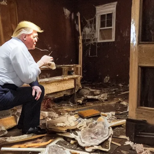 Prompt: blurry cell phone footage of donald trump eating a moldy apple in an abandoned house