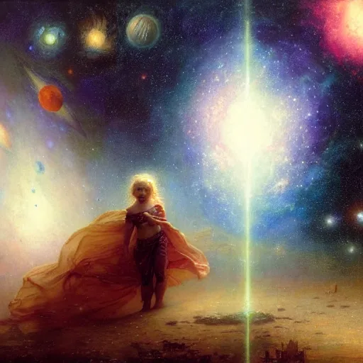 Image similar to a lonley and gloomy baby in middle of space surrounded by colorful stars planets and galaxies, high detail, by gaston bussiere, bayard wu, greg rutkowski, odd nerdrum, maxim verehin, dan dos santos, masterpiece, sharp focus, cinematic lightning