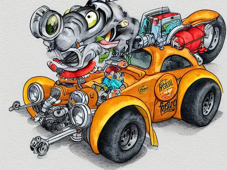 Image similar to cute and funny, racoon riding in a tiny hot rod coupe with oversized engine, ratfink style by ed roth, centered award winning watercolor pen illustration, isometric illustration by chihiro iwasaki, edited by range murata