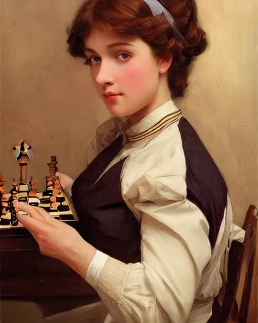 Image similar to a girl playing chess, beautiful face, oil on canvas, artstation, by j. c. leyendecker and edmund blair leighton and charlie bowater, beautiful face, octane, very aesthetic!!!!!!!!!!!!!!! stunning gorgeous big eyes