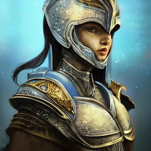 Image similar to portrait knights of Zodiac girl, white and metalic blue color reflected armor, in ruined Agora of Athens Moon night and firefly and star sparkles, ssci-fi, fantasy, intricate, very very beautiful, elegant, golden light, highly detailed, digital painting, artstation, concept art, smooth, sharp focus, illustration, art by tian zi and WLOP and alphonse mucha