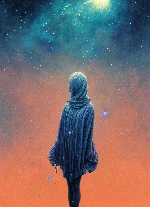 Image similar to detailed, intricate blue black and purple papaverum flower on the field, nebula, galaxy in the sky, winning award masterpiece, fantastically beautiful, illustration, aestheticly inspired by beksinski and dan mumford, upscale with simon stalenhag work, artstation, 8 k