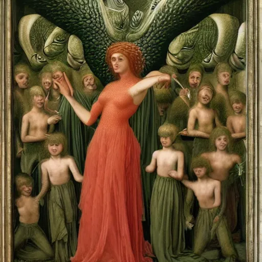 Image similar to elaborate coral, pale green by dino valls, by ferdinand keller. a beautiful painting of a large, dragon - like creature with sharp teeth, talons, & a long tail. the creature is looming over a small group of people who appear to be in distress.