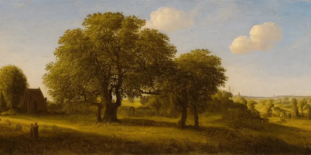 Prompt: a beautiful landscape painting of a giant tree next to a church in the fields, strong summer sun, by jan van goyen, oil on canvas, highly detailed, hd, 4 k