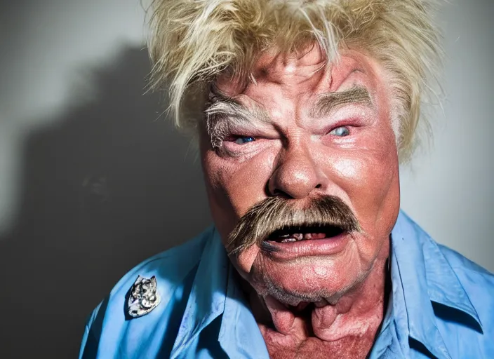 Image similar to photo still of rip taylor in a jail cell!!!!!!!! at age 6 3 years old 6 3 years of age!!!!!!! throwing confetti from a bucket, 8 k, 8 5 mm f 1. 8, studio lighting, rim light, right side key light