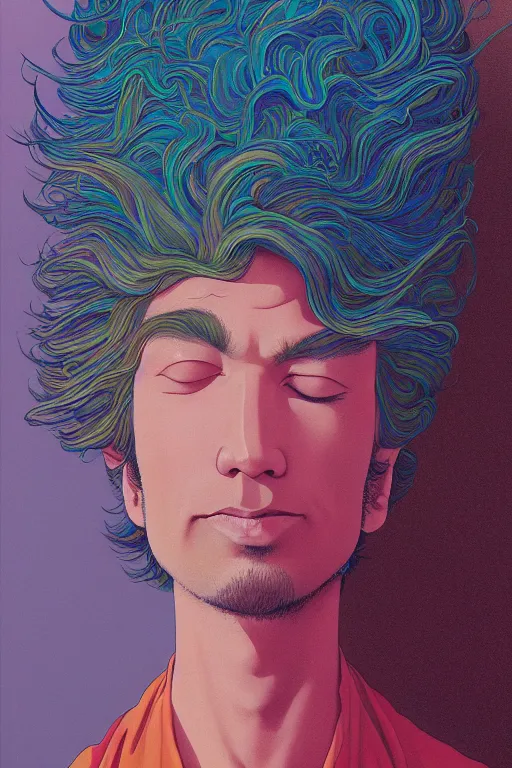 Prompt: a colorful vibrant closeup portrait of a simple caucasian man with curly mid length brown hair with a calm aesthetic face dreaming psychedelic hallucinations, by kawase hasui, moebius, edward hopper and james gilleard, zdzislaw beksinski, steven outram colorful flat surreal design, hd, 8 k, artstation