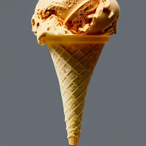 Image similar to an ice cream cone made out of high clarity amber ice, elegant and ornate,