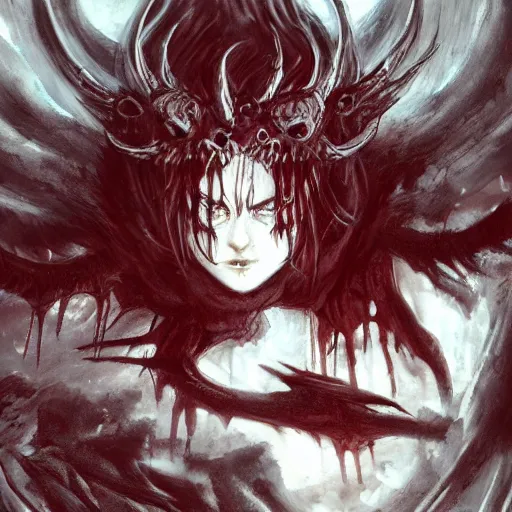 Prompt: super mad and with extrem anger filled demon god in hell, oppressive and dark amotsphere with many shadows, blood and dark red highlights, dramatic horror concept art by aleksandra waliszewska and aoi ogata