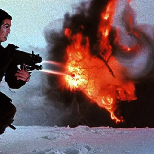 Image similar to movie still of cristiano ronaldo with a flamethrower in the thing (1982), john carpenter, cinematic,