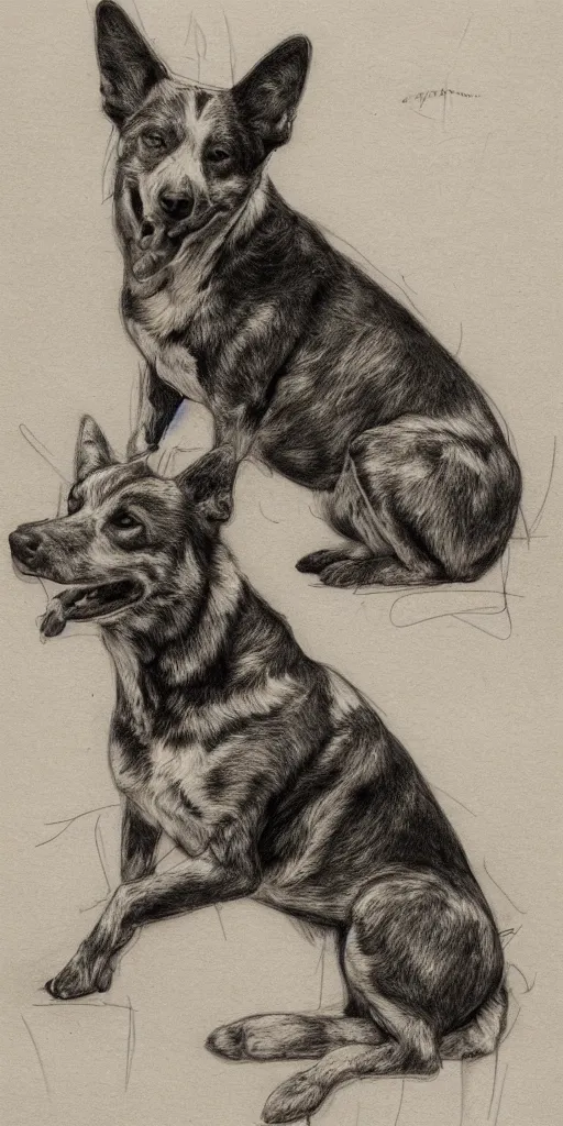 Image similar to sitting australian cattle dog, artist sketch, michelangelo, beautiful composition, masterpiece