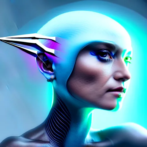 Image similar to futuristic female bird avatar with digital wings, hyper detailed face and eyes, lofty flight, centered, sharp focus, soft lighting by awarded concept art, wisdom, digital art 8 k hd, artstation, unreal engine 5