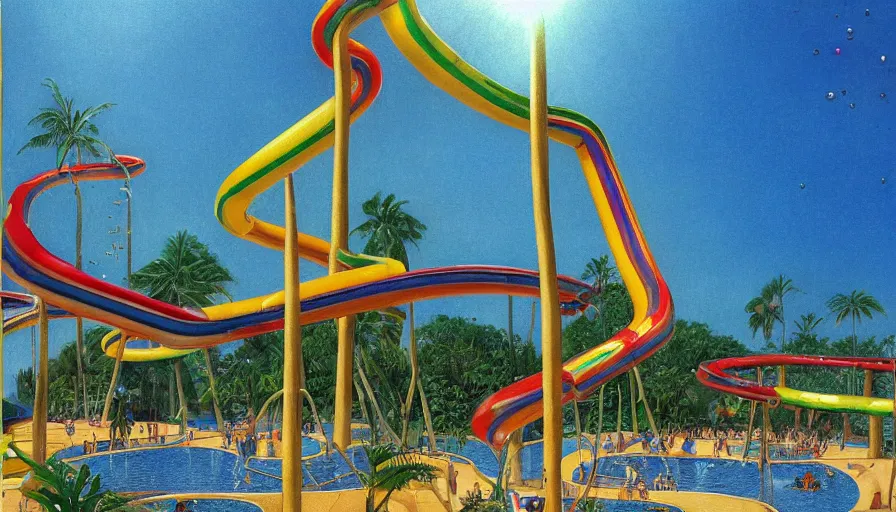 Prompt: 1 9 9 8 brazilian waterpark designed by arthur bispo do rosario, jules bastien - lepage, tarsila do amaral, frank weston and gustave baumann, trending on artstation, mediterranean, brutalism, sharp focus, colorful refracted sparkles, star lines, soft light, 8 k