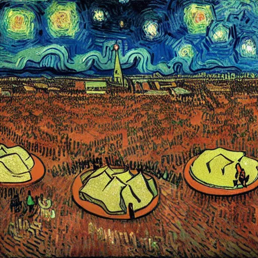 Image similar to a giant triangular dumpling with meat in the center eats people in the city of the future, people run and scream, by van gogh, realism, futurism