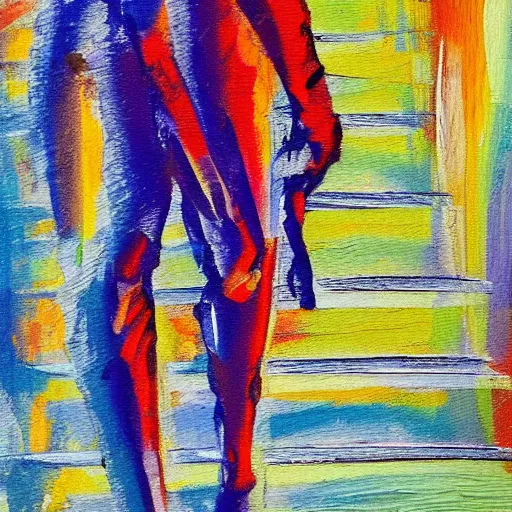 Image similar to very abstract painting of a statue of a figure walking down the stairs, impressionist painting, realistic