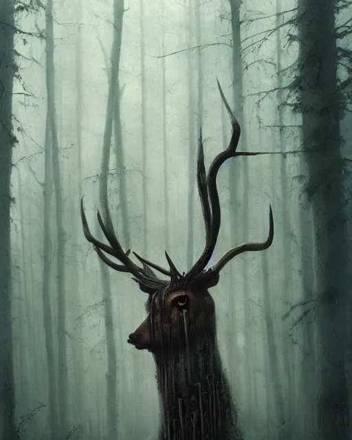 Image similar to oil painting of forest spirit made out of wooden sticks with a deer skull for a face, dark forest, fog, dark fantasy, gloomy, pale colors, by greg rutkowski