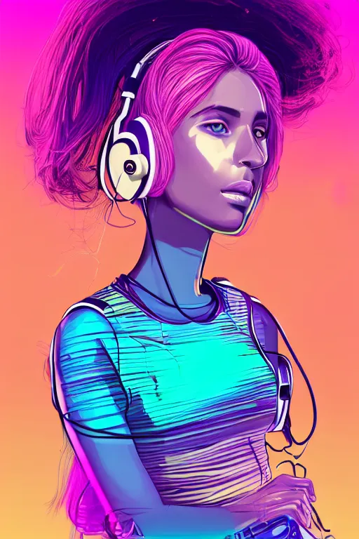 Image similar to a award winning half body portrait of a beautiful woman with stunning eyes in a croptop and cargo pants with ombre purple pink teal hairstyle listenin to music with headphones on her ears by thomas danthony, surrounded by whirling illuminated lines, outrun, vaporware, shaded flat illustration, digital art, trending on artstation, highly detailed, fine detail, intricate