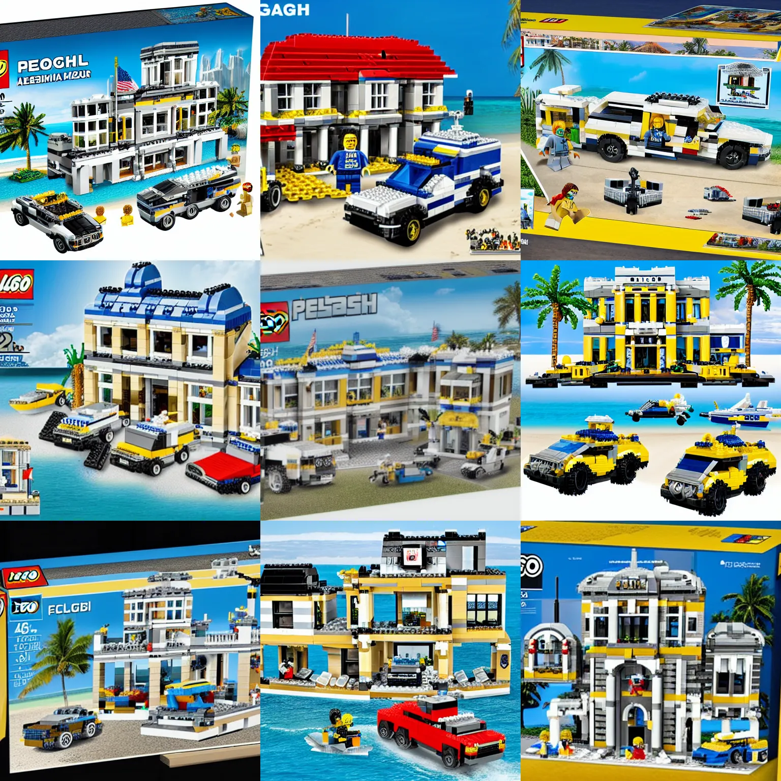 Prompt: mar - a - lago florida mansion beach house fbi police vehicle raid lego set