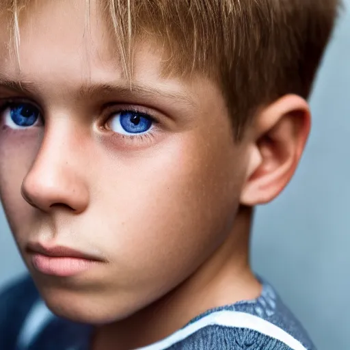 Prompt: a closeup portrait of a boy with blonde hair and brown eyes. Extremely clear and high quality eyes with reflection, realistic face and details, clear lips and high quality, real photo