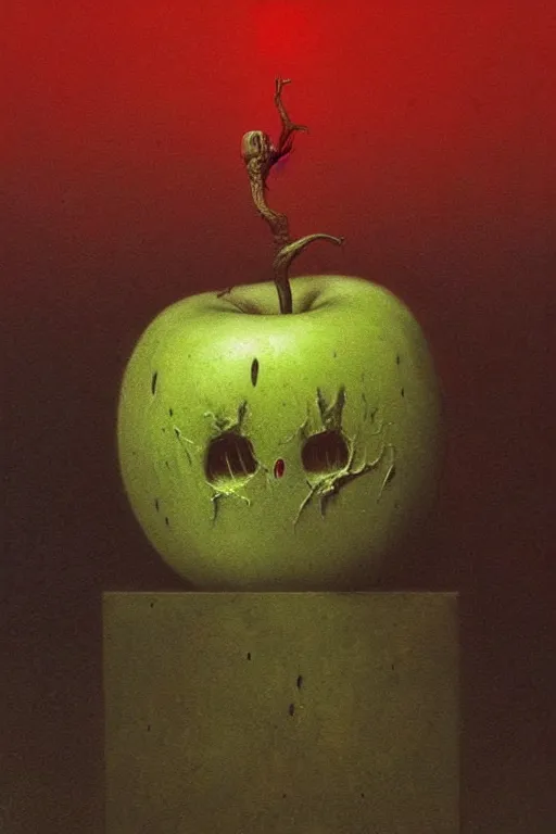 Image similar to something strange on my apple, close up of an apple, by zdzislaw beksinski, by dariusz zawadzki, by wayne barlowe, gothic, surrealism, cosmic horror, lovecraftian, cold hue's, warm tone gradient background, concept art, beautiful composition
