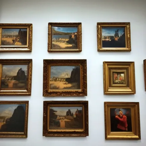 Prompt: dozens of famous paintings on a wall in a museum