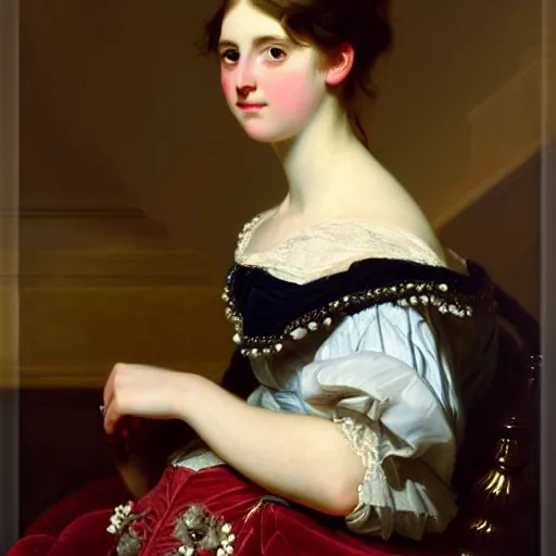 Image similar to portrait of a german teenage princess, circa 1 8 5 0 by franz xaver winterhalter, highly detailed, beautiful, oil on canvas, 1 8 5 0 s, romanticism