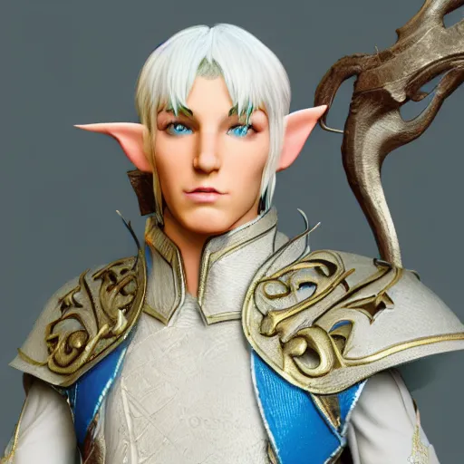 Image similar to a highly detailed male elf in full length, with white long hair, white clothes, bright blue eyes, artstation, DeviantArt, professional, octane render