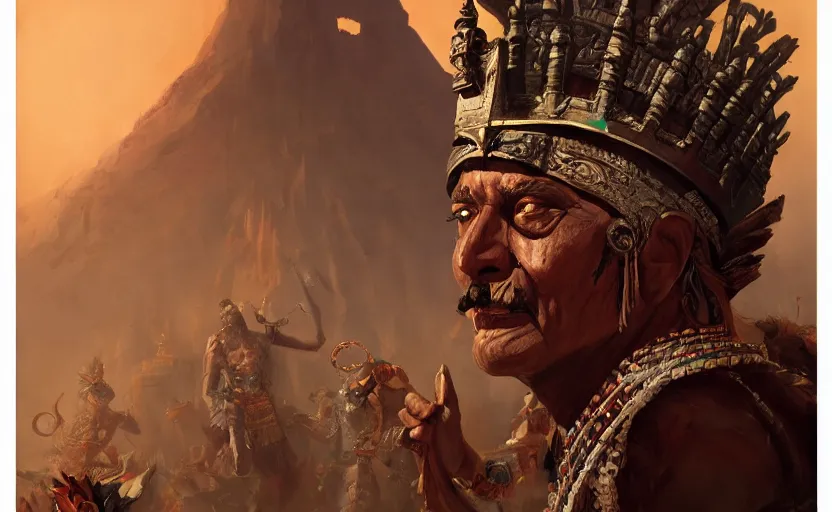 Prompt: aztec king being stoned by his people, game character concept art, close up high detailed, full perfect, detailed faces, symmetrical portrait, high detail, by craig mullins, peter mohrbacher, unreal engine, octane rendered, 8 k, dark beauty, trending on artstation