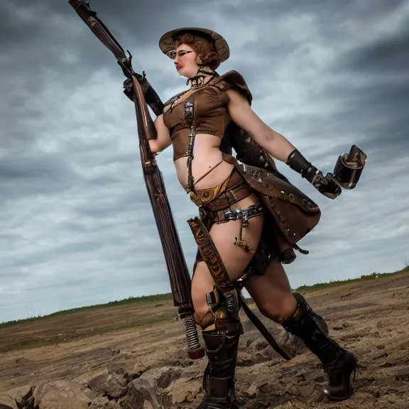 Image similar to full length photo of a very beautiful female dieselpunk warrior, 8 k, hdr, smooth, sharp focus, high resolution, award - winning photo