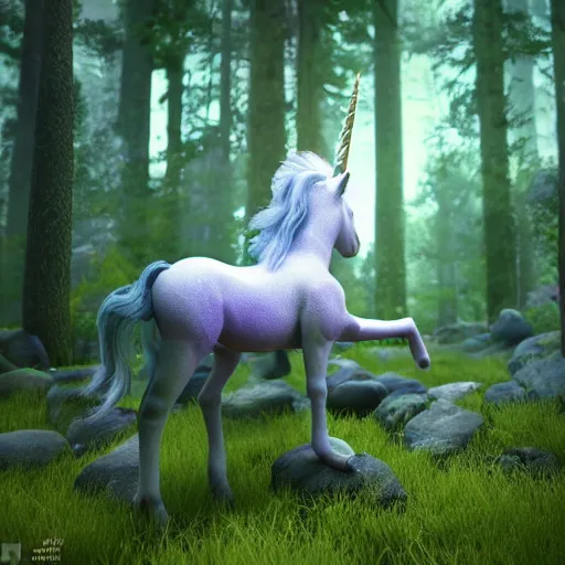 Image similar to a unicorn in a magical forest, 3 d render octane, trending on artstation