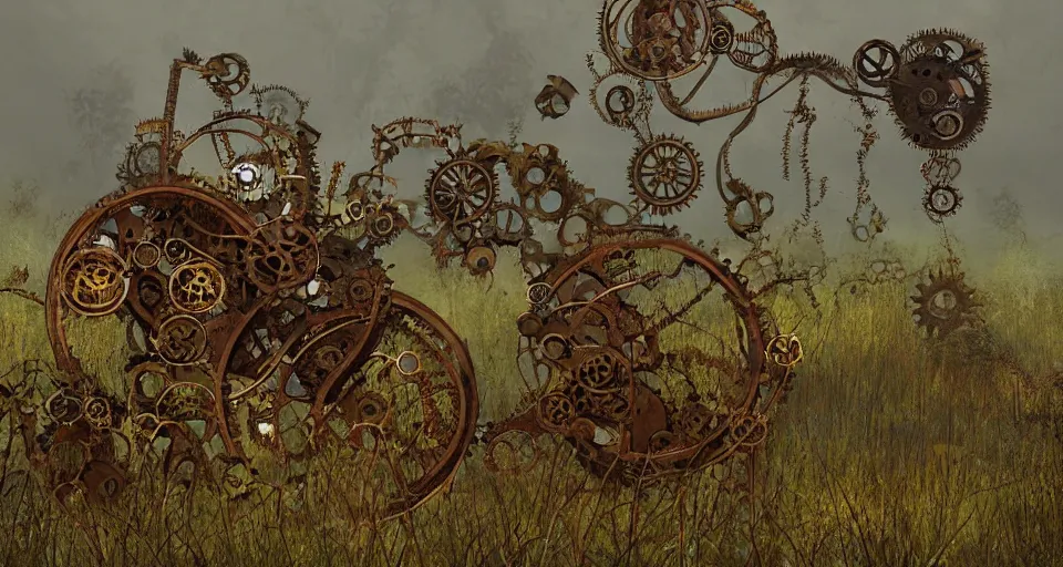 Prompt: rusty broken steampunk mechanism taken by ferns and vines, steppe, misty background, from the game pathologic 2, highly detailed, sharp focus, matte painting, by su jeong ahn, by isaac levitan and asher brown durand,