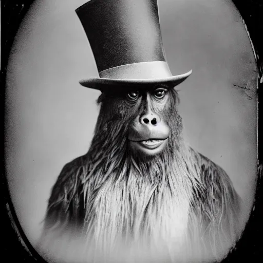 Image similar to a vintage wet plate portrait of a dignified bigfoot with a top hat and cane, extremely detailed, by angus mcbeanbigfoot!!!!!!!!!!!!!!!!!!