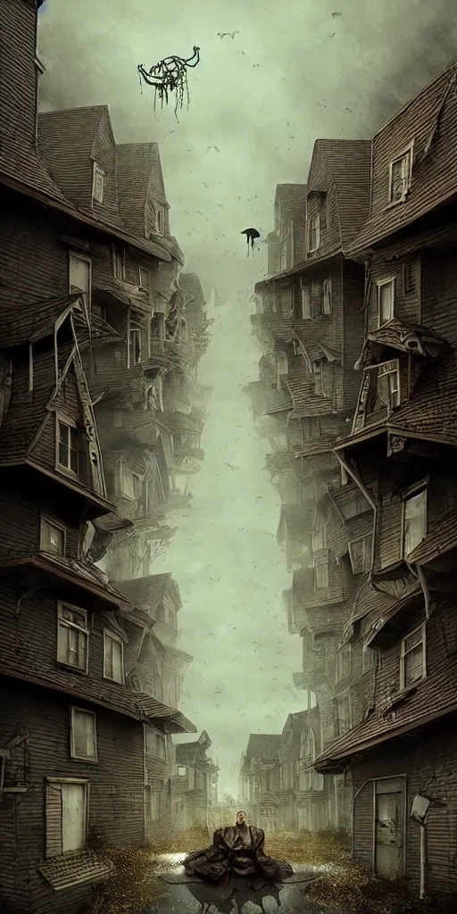 Prompt: Stunning 35mm empty town by Ejsing, Jesper. Full of ghostly children floating above the houses, photography, surrealism, dark, fantasy, Digital Art, Crewdson, Gregory