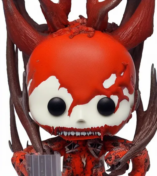 Prompt: limited edition horror themed wendigo with antlers funko pop still sealed in box, ebay listing, orange bloody box